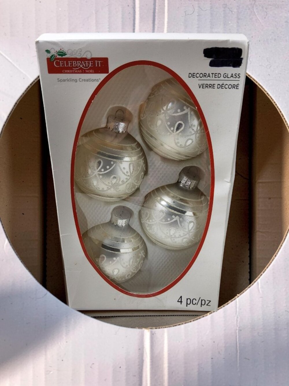 Vintage Ct of 4 Celebrate It Sparkling Creations Silver Sparkle Glass Ornaments